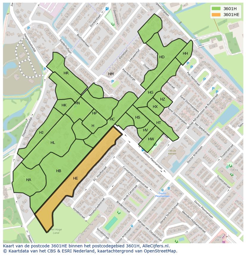 Afbeelding van het postcodegebied 3601 HE op de kaart.