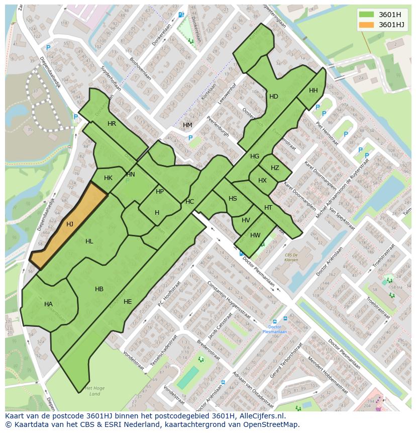 Afbeelding van het postcodegebied 3601 HJ op de kaart.