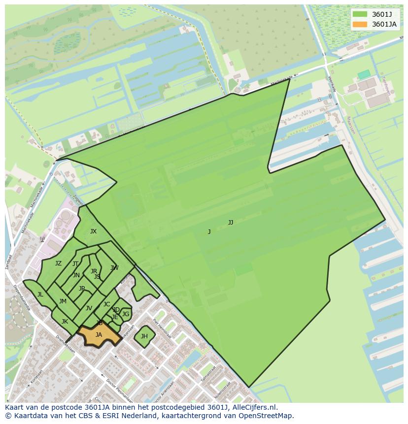 Afbeelding van het postcodegebied 3601 JA op de kaart.