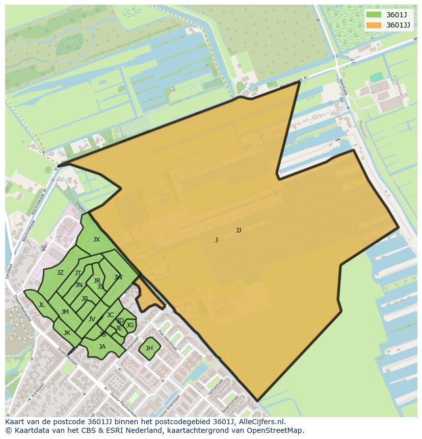 Afbeelding van het postcodegebied 3601 JJ op de kaart.