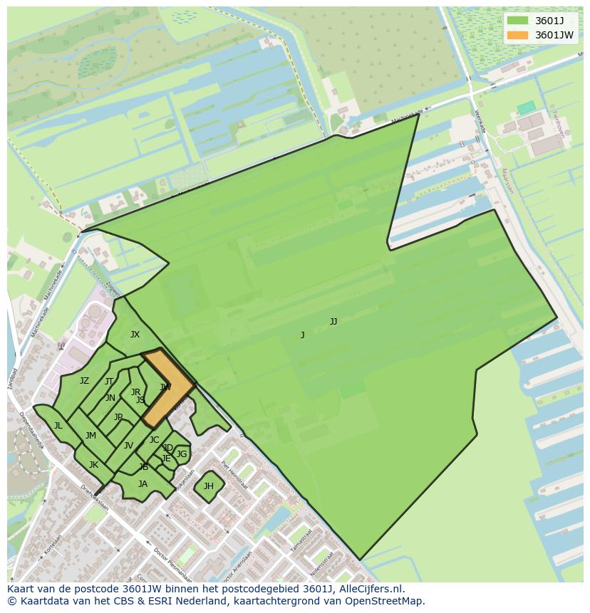 Afbeelding van het postcodegebied 3601 JW op de kaart.