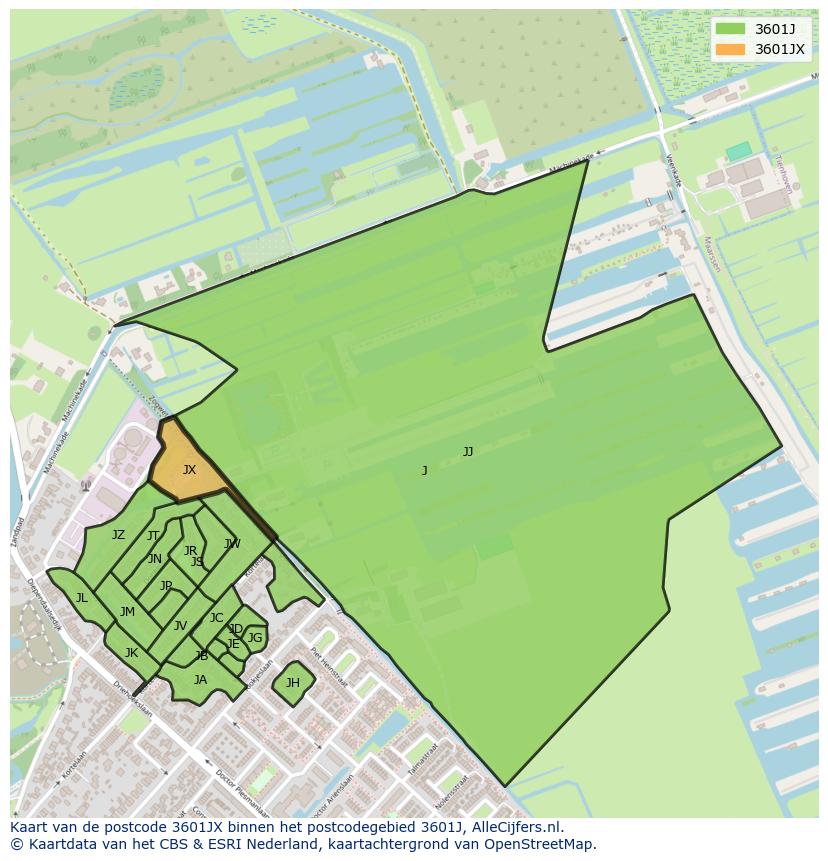 Afbeelding van het postcodegebied 3601 JX op de kaart.