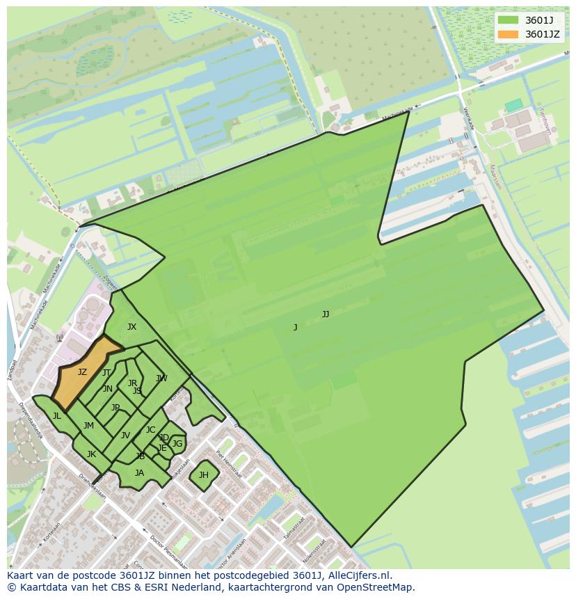 Afbeelding van het postcodegebied 3601 JZ op de kaart.