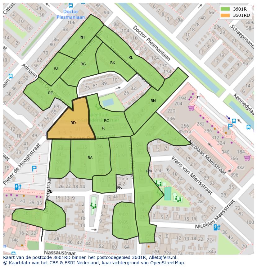 Afbeelding van het postcodegebied 3601 RD op de kaart.