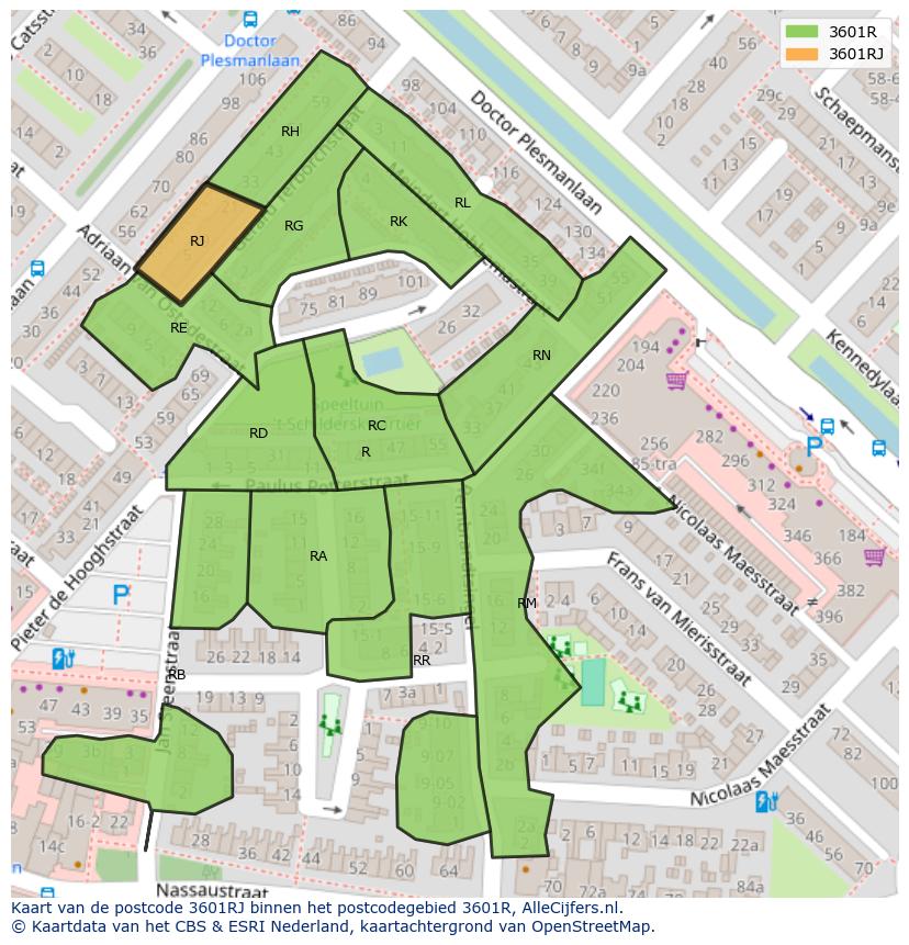 Afbeelding van het postcodegebied 3601 RJ op de kaart.