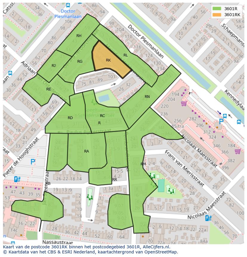 Afbeelding van het postcodegebied 3601 RK op de kaart.