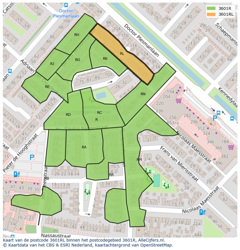 Afbeelding van het postcodegebied 3601 RL op de kaart.