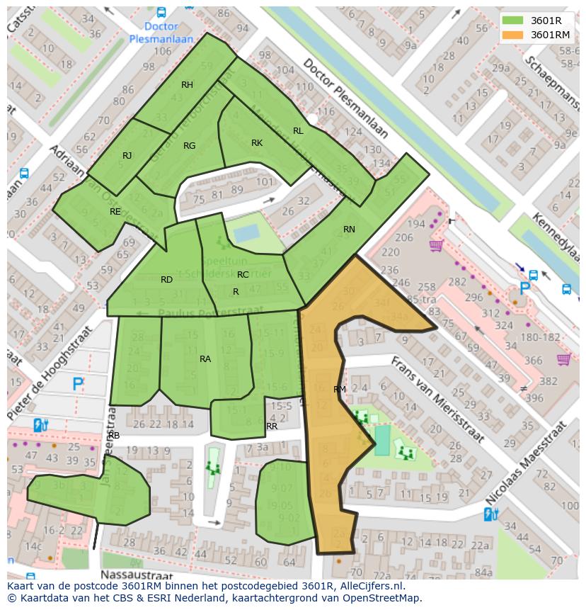 Afbeelding van het postcodegebied 3601 RM op de kaart.