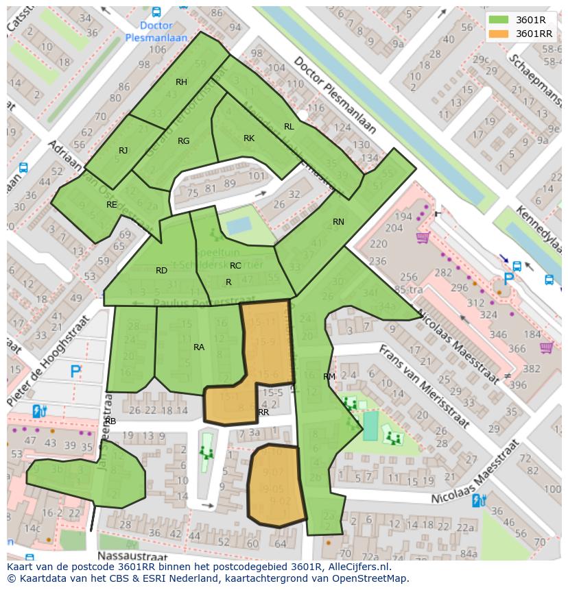 Afbeelding van het postcodegebied 3601 RR op de kaart.