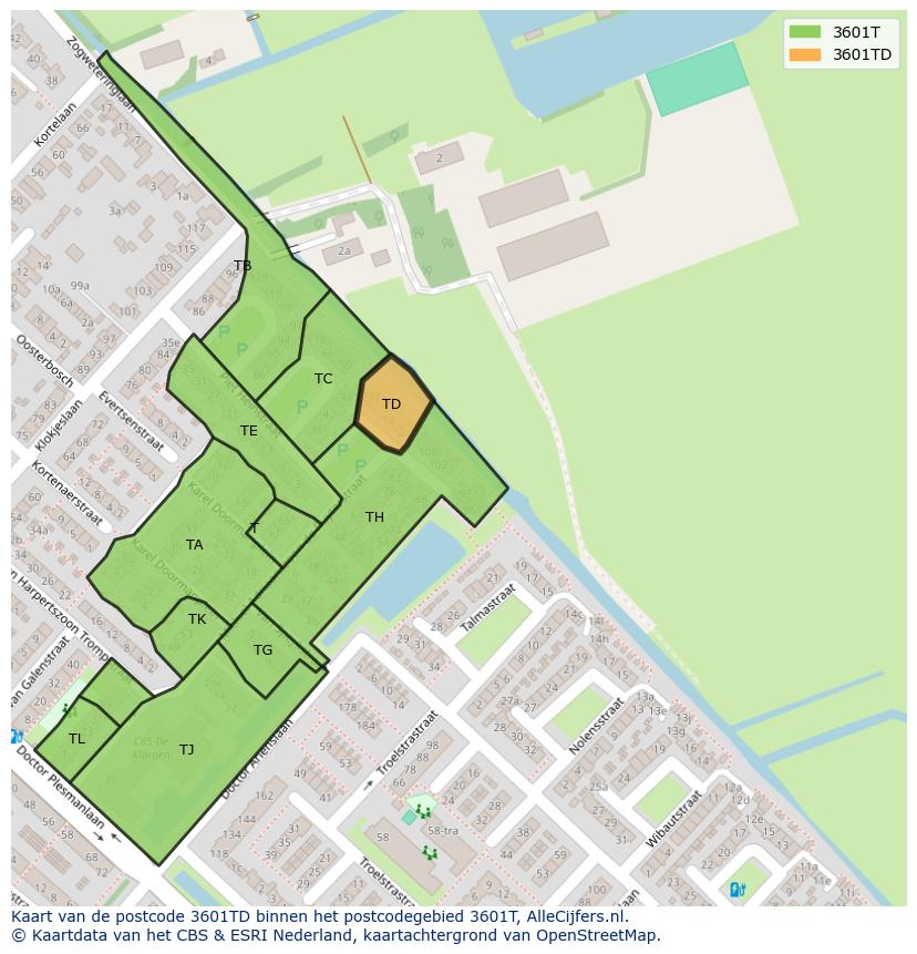 Afbeelding van het postcodegebied 3601 TD op de kaart.