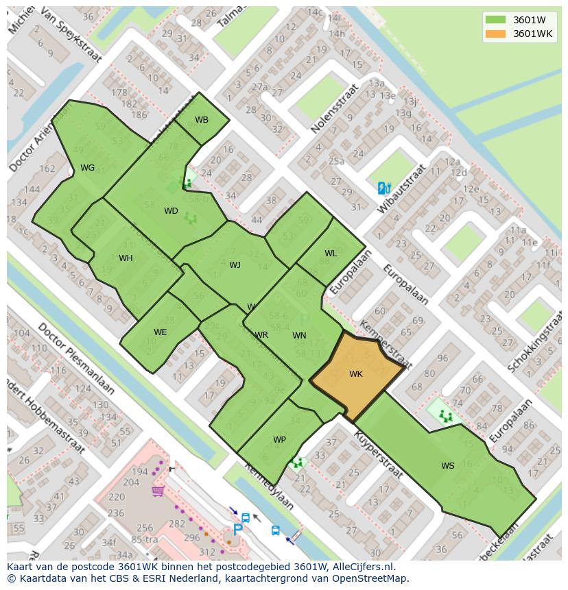 Afbeelding van het postcodegebied 3601 WK op de kaart.