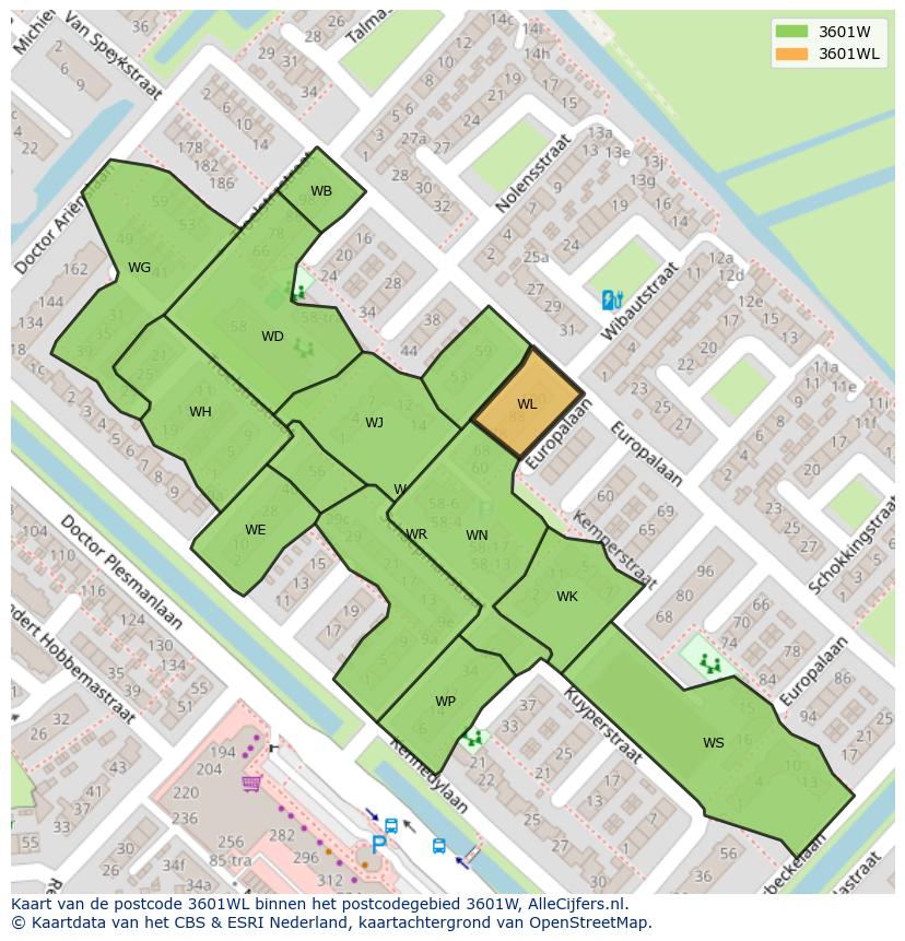 Afbeelding van het postcodegebied 3601 WL op de kaart.