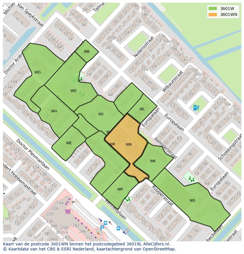 Afbeelding van het postcodegebied 3601 WN op de kaart.