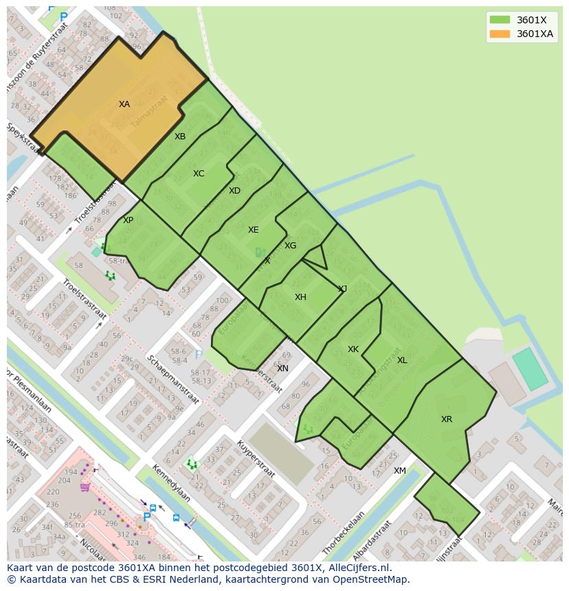 Afbeelding van het postcodegebied 3601 XA op de kaart.