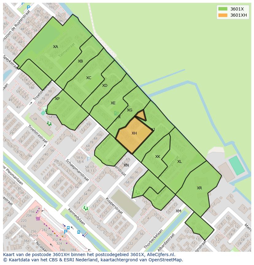 Afbeelding van het postcodegebied 3601 XH op de kaart.