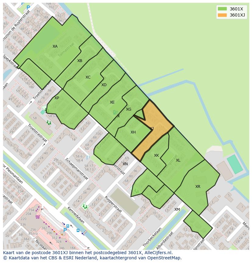 Afbeelding van het postcodegebied 3601 XJ op de kaart.