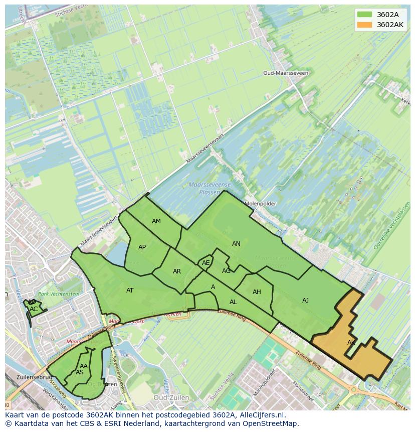 Afbeelding van het postcodegebied 3602 AK op de kaart.