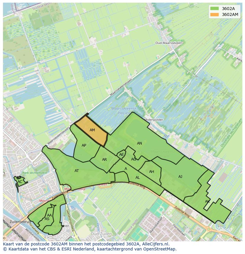 Afbeelding van het postcodegebied 3602 AM op de kaart.