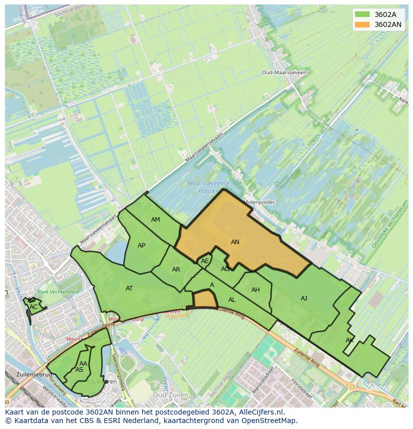 Afbeelding van het postcodegebied 3602 AN op de kaart.