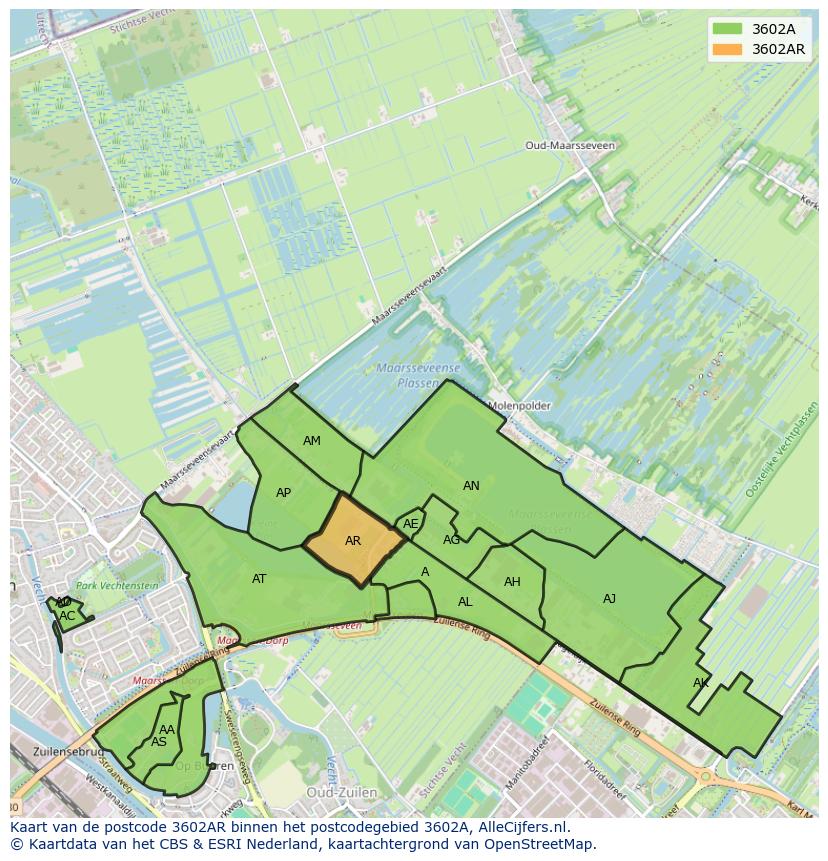 Afbeelding van het postcodegebied 3602 AR op de kaart.