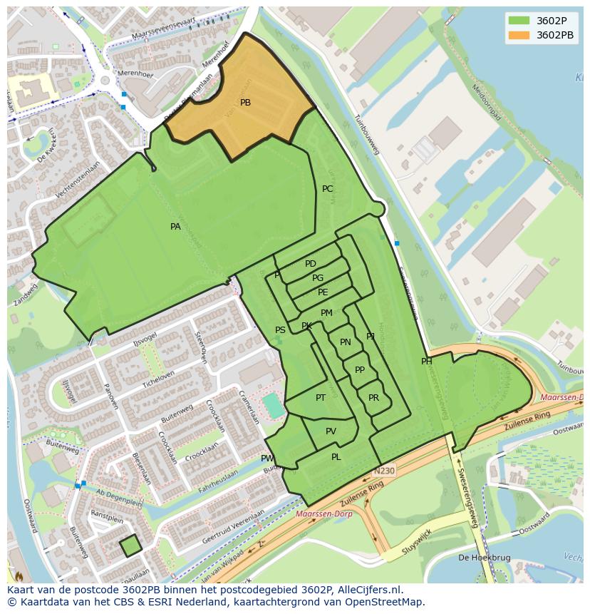 Afbeelding van het postcodegebied 3602 PB op de kaart.