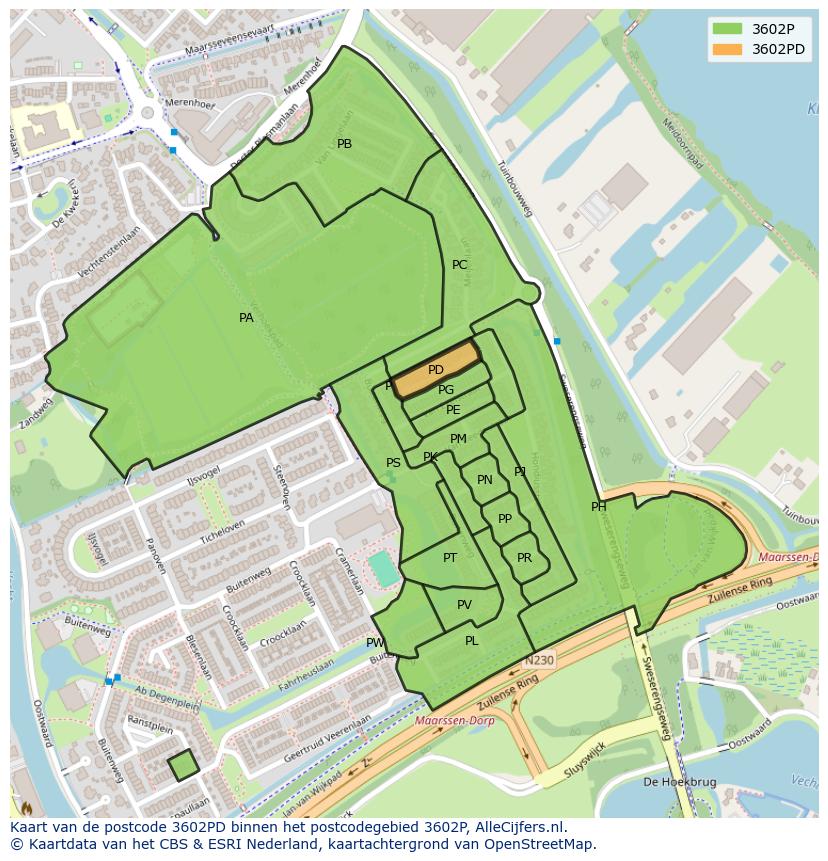 Afbeelding van het postcodegebied 3602 PD op de kaart.