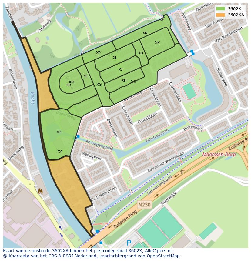 Afbeelding van het postcodegebied 3602 XA op de kaart.