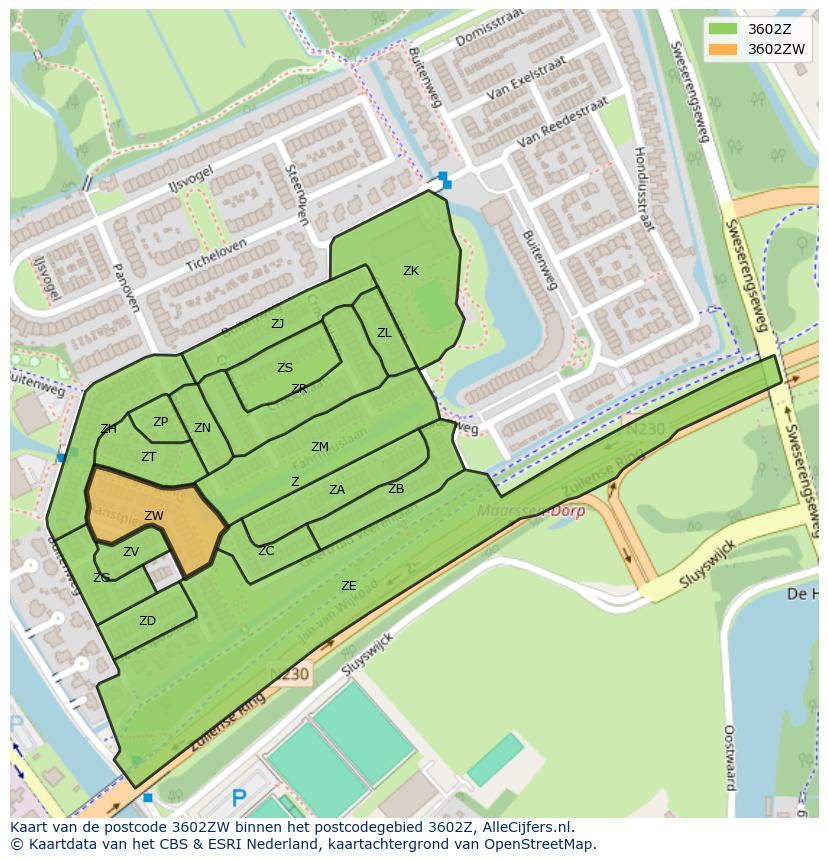 Afbeelding van het postcodegebied 3602 ZW op de kaart.
