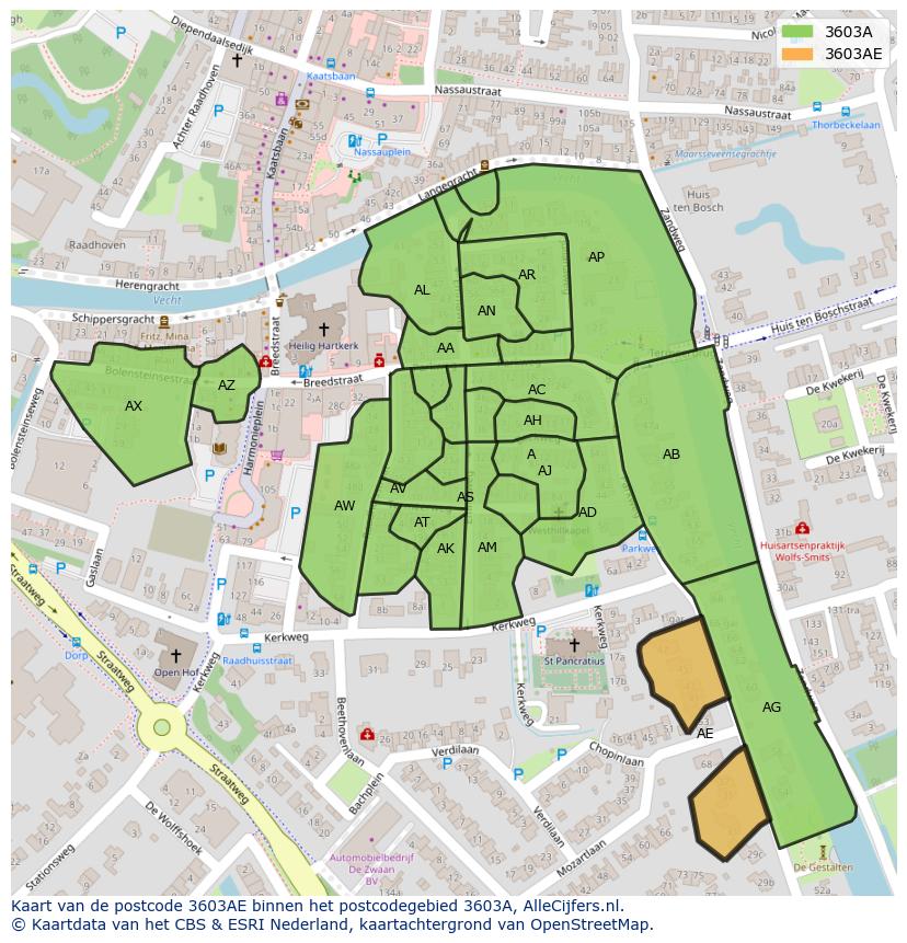 Afbeelding van het postcodegebied 3603 AE op de kaart.