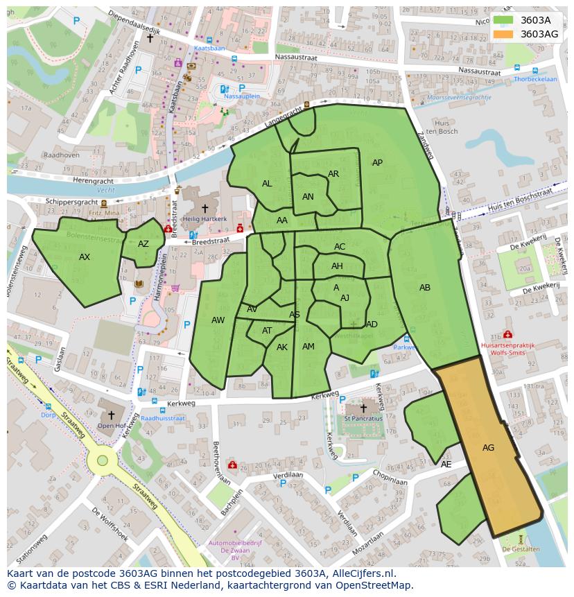 Afbeelding van het postcodegebied 3603 AG op de kaart.