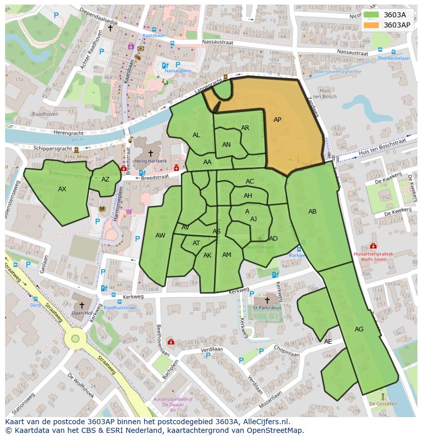 Afbeelding van het postcodegebied 3603 AP op de kaart.