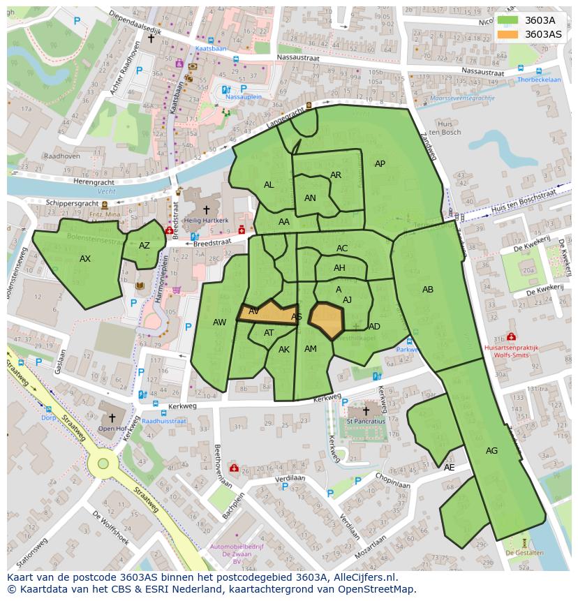 Afbeelding van het postcodegebied 3603 AS op de kaart.