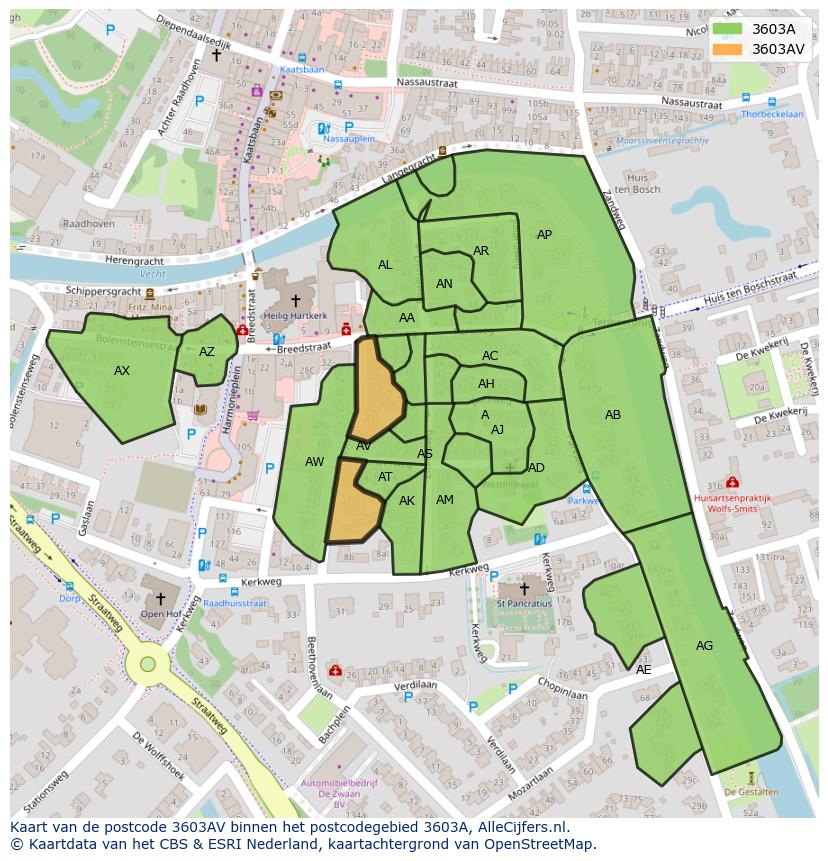 Afbeelding van het postcodegebied 3603 AV op de kaart.