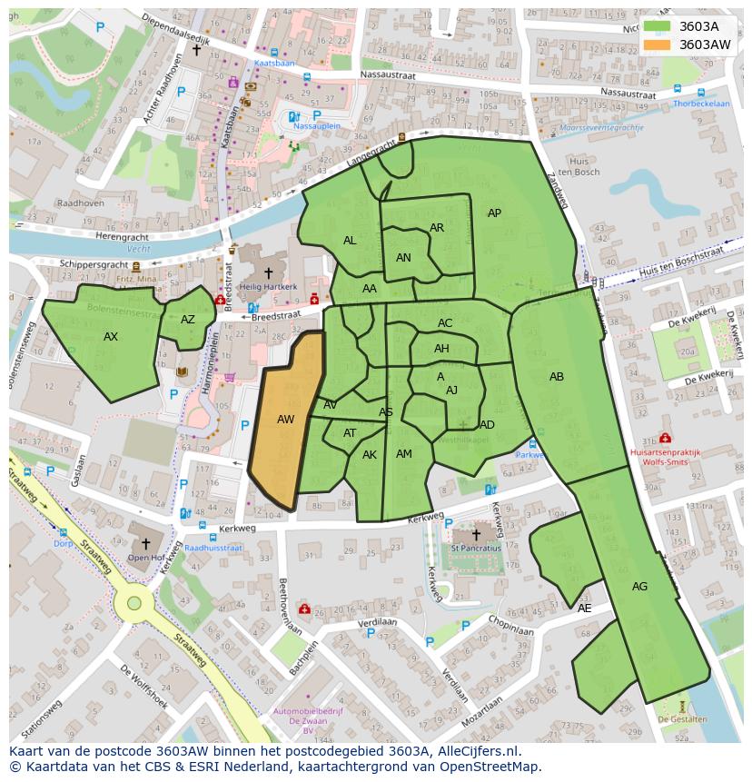 Afbeelding van het postcodegebied 3603 AW op de kaart.