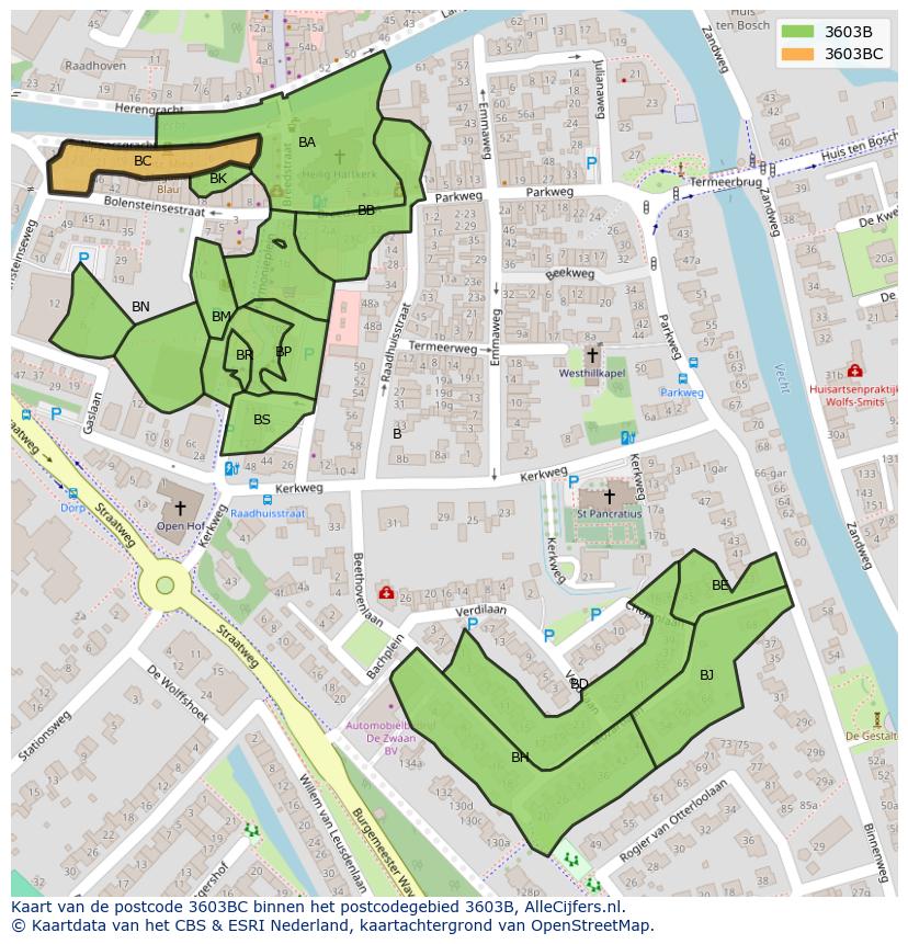Afbeelding van het postcodegebied 3603 BC op de kaart.
