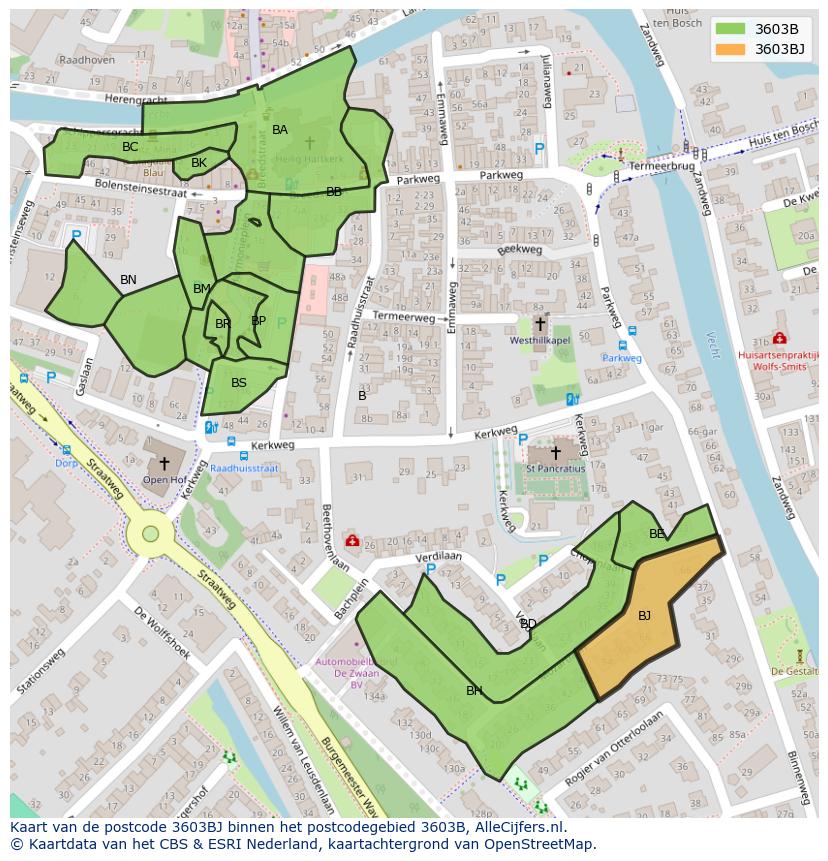 Afbeelding van het postcodegebied 3603 BJ op de kaart.