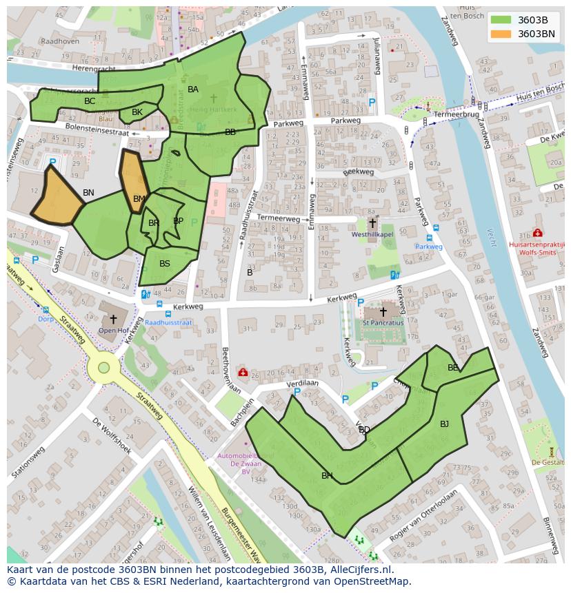 Afbeelding van het postcodegebied 3603 BN op de kaart.