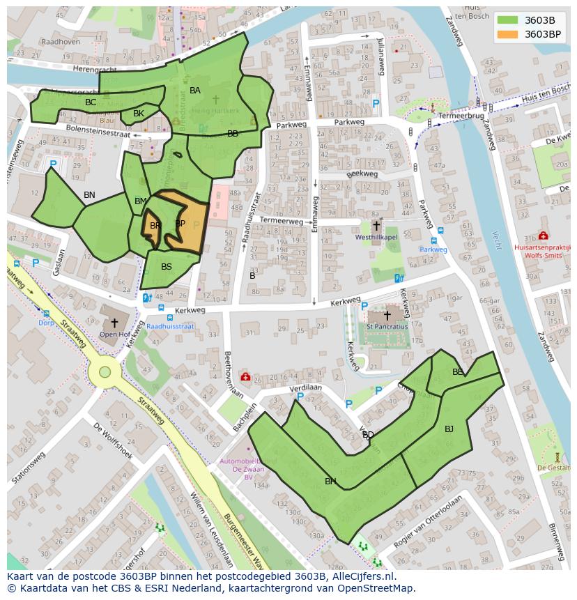 Afbeelding van het postcodegebied 3603 BP op de kaart.