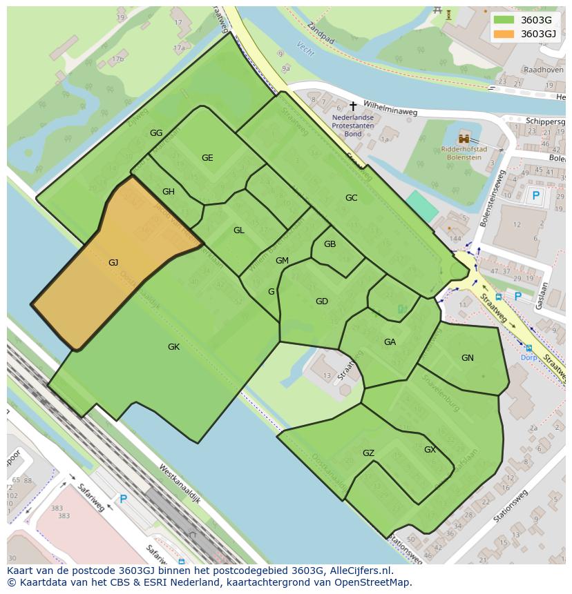 Afbeelding van het postcodegebied 3603 GJ op de kaart.
