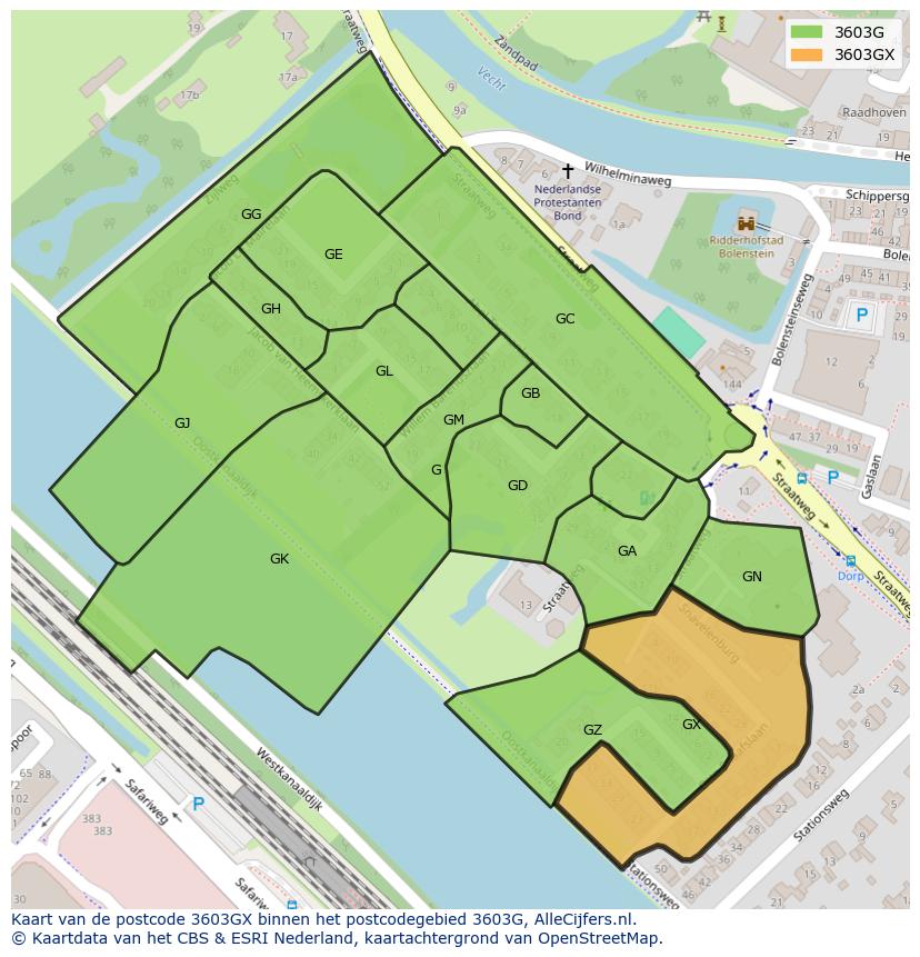 Afbeelding van het postcodegebied 3603 GX op de kaart.