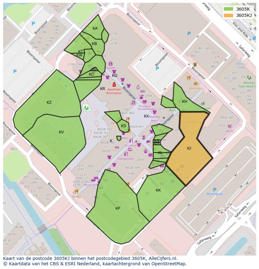Afbeelding van het postcodegebied 3605 KJ op de kaart.