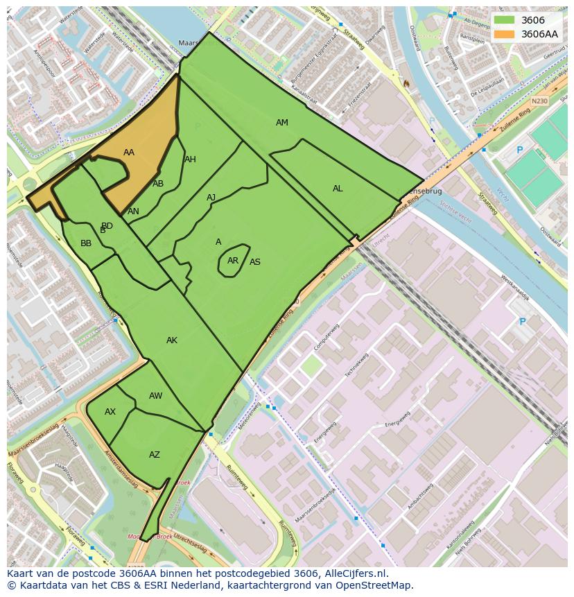 Afbeelding van het postcodegebied 3606 AA op de kaart.