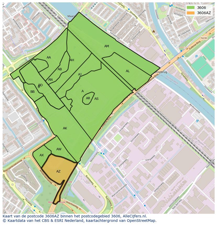 Afbeelding van het postcodegebied 3606 AZ op de kaart.