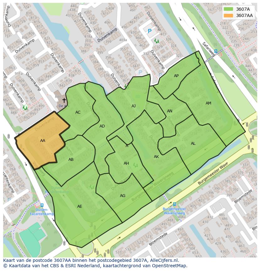 Afbeelding van het postcodegebied 3607 AA op de kaart.