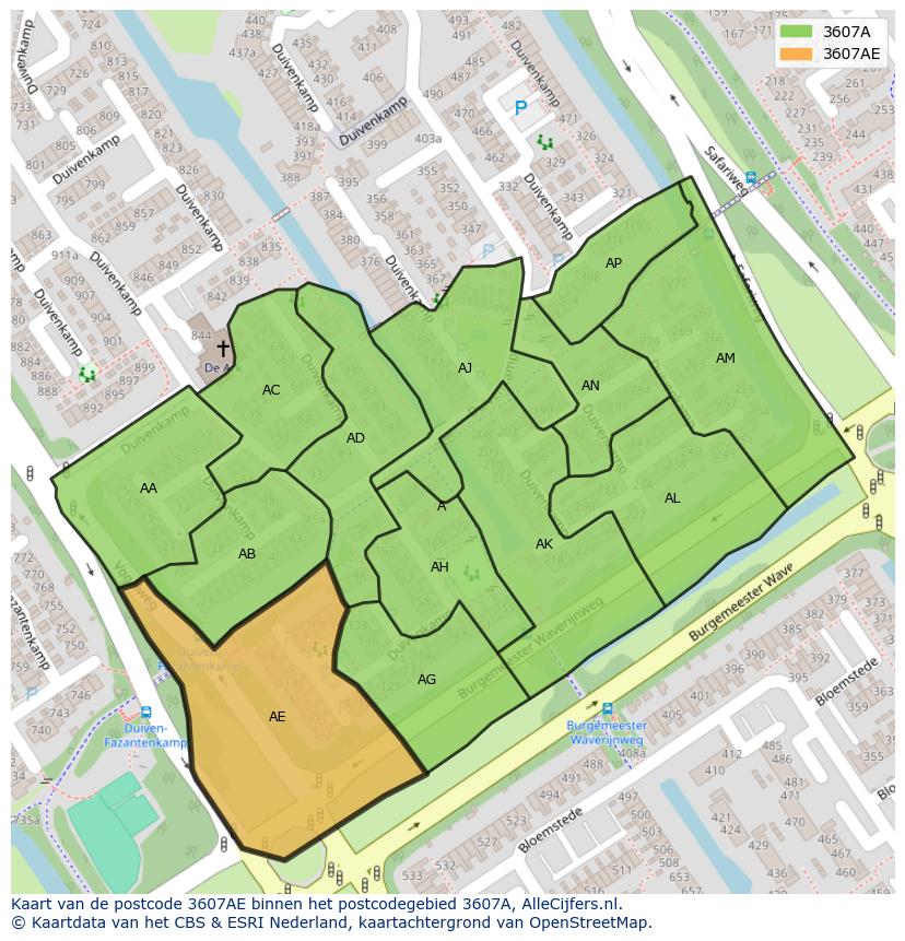 Afbeelding van het postcodegebied 3607 AE op de kaart.