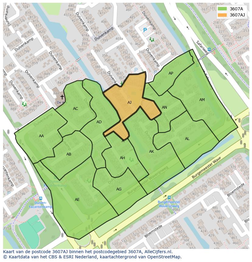 Afbeelding van het postcodegebied 3607 AJ op de kaart.