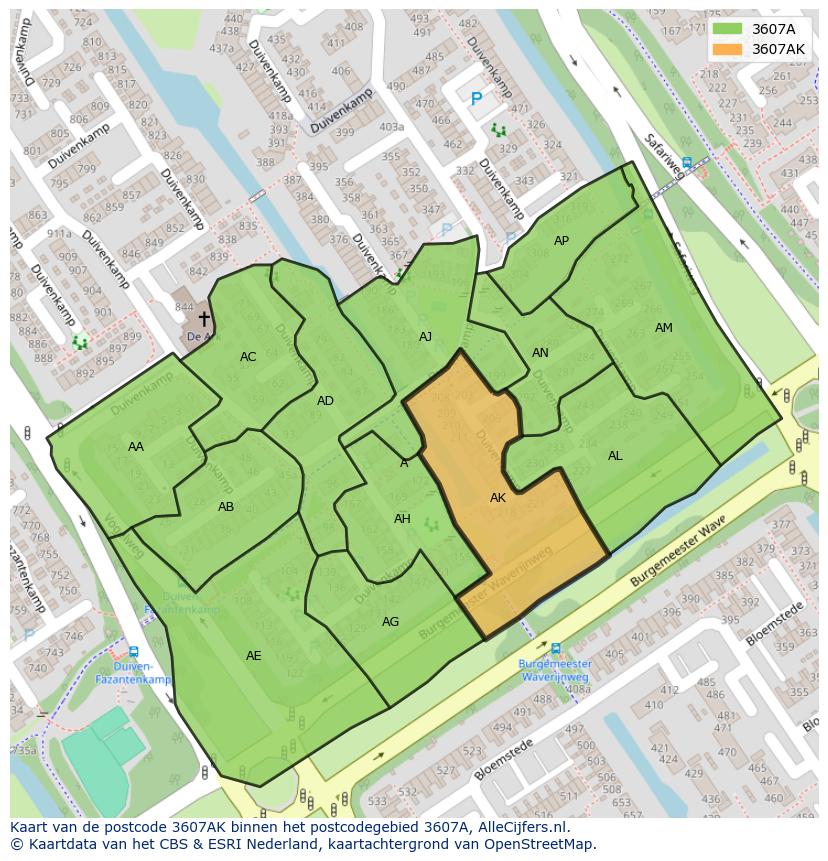 Afbeelding van het postcodegebied 3607 AK op de kaart.