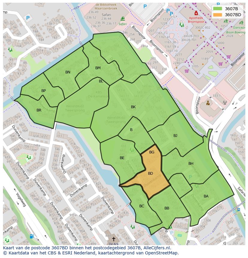 Afbeelding van het postcodegebied 3607 BD op de kaart.