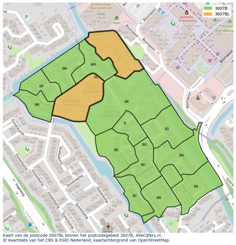 Afbeelding van het postcodegebied 3607 BL op de kaart.