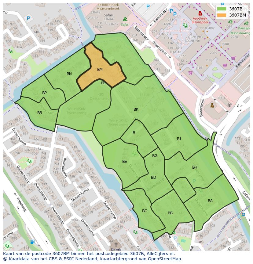 Afbeelding van het postcodegebied 3607 BM op de kaart.